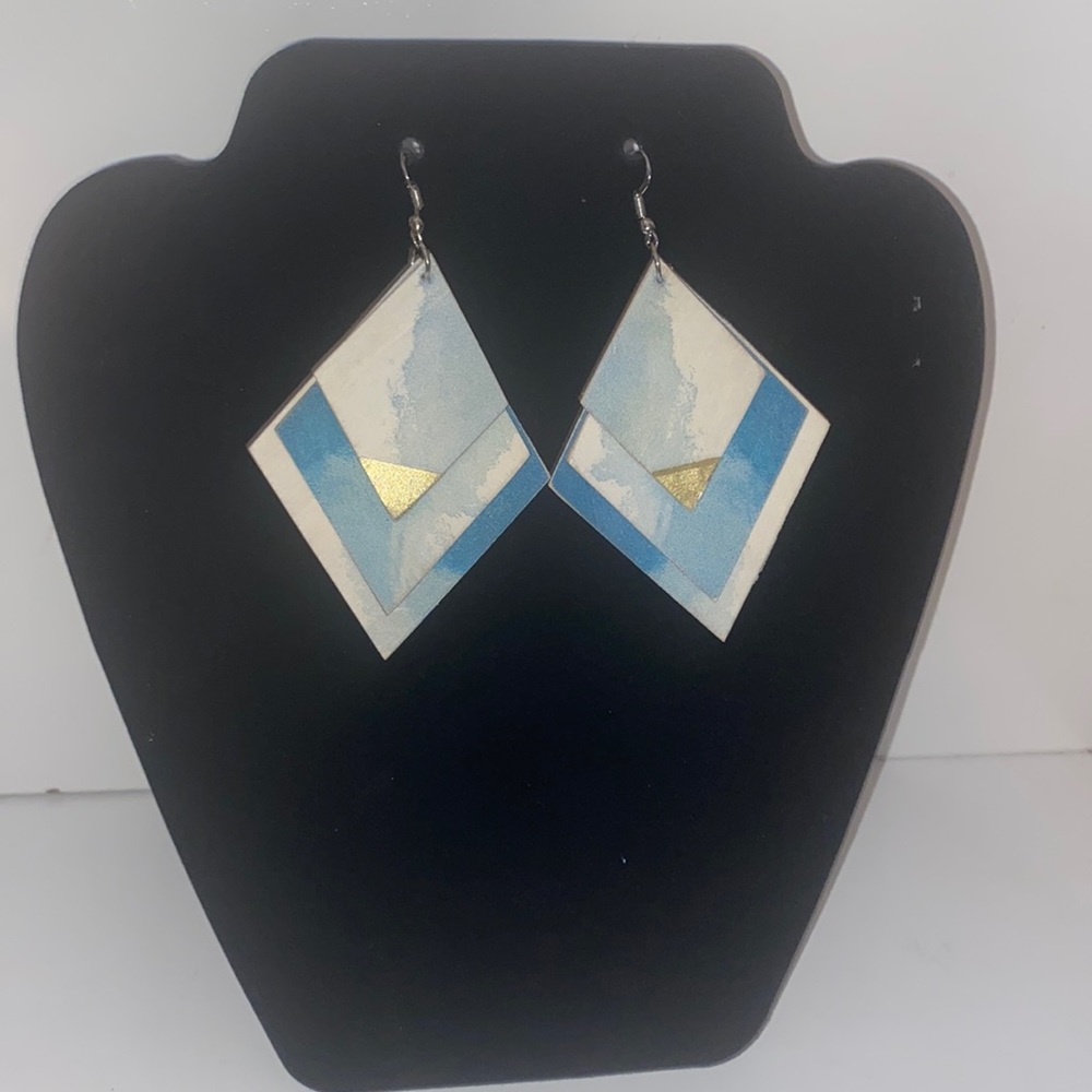 Handcrafted Wooden Abstract Triangle Earrings 3” Drop Pastel Blue Gold Foil Boho